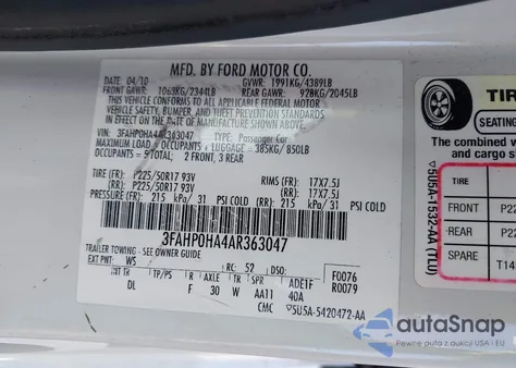 2010 Ford Fusion Se from USA, damaged, VIN 3FAHP0HA4AR363047